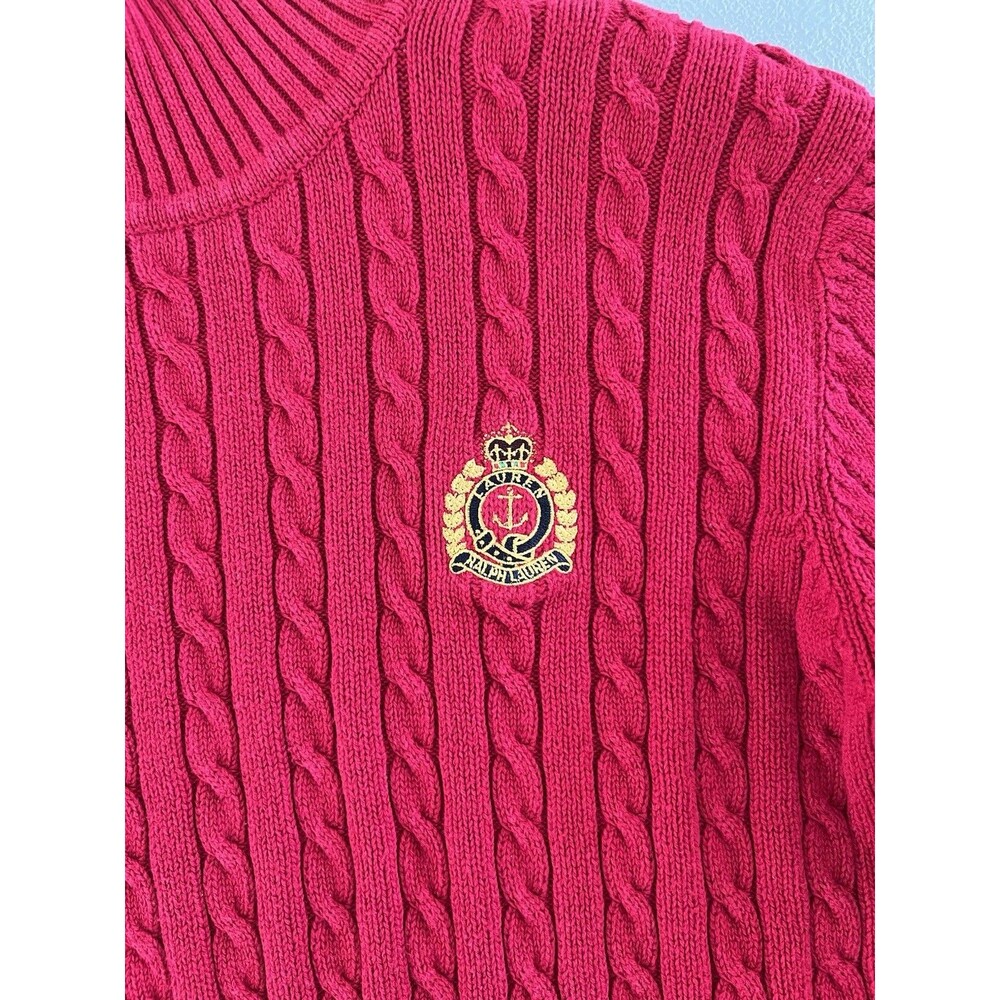 Lauren Ralph Lauren Womens Sweater Large Red Cable Knit Crest & Crown Logo Luxe